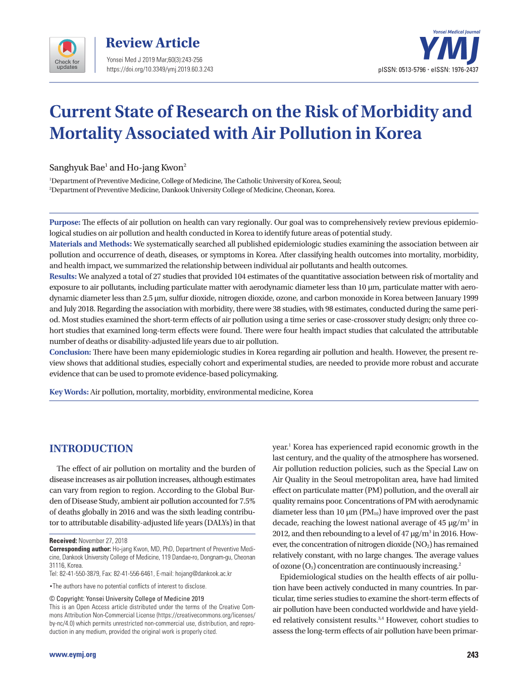 Current State of Research on the Risk of Morbidity and Mortality Associated with Air Pollution in Korea