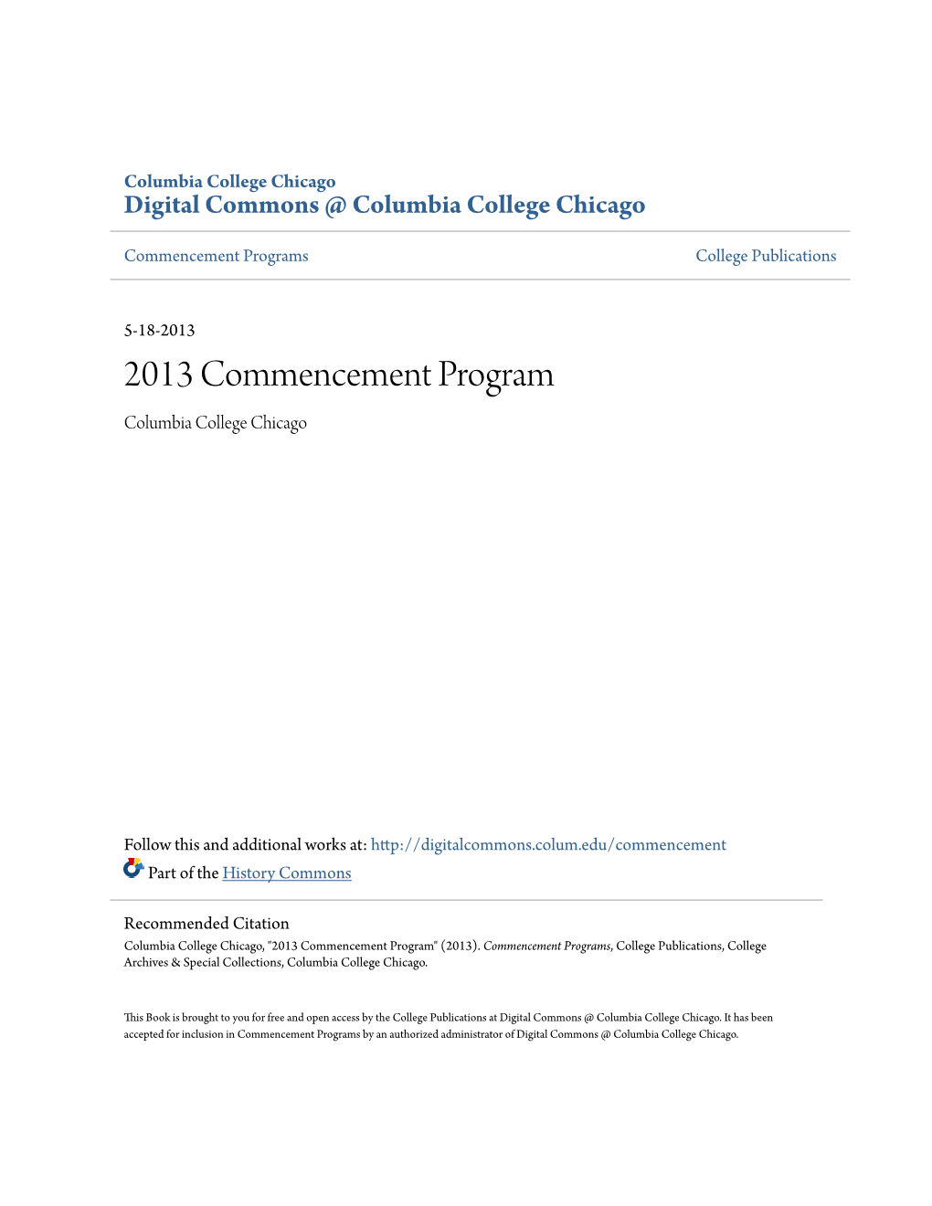 2013 Commencement Program Columbia College Chicago