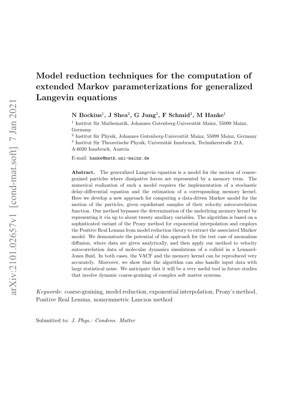 Arxiv:2101.02657V1 [Cond-Mat.Soft] 7 Jan 2021 Positive Real Lemma, Nonsymmetric Lanczos Method