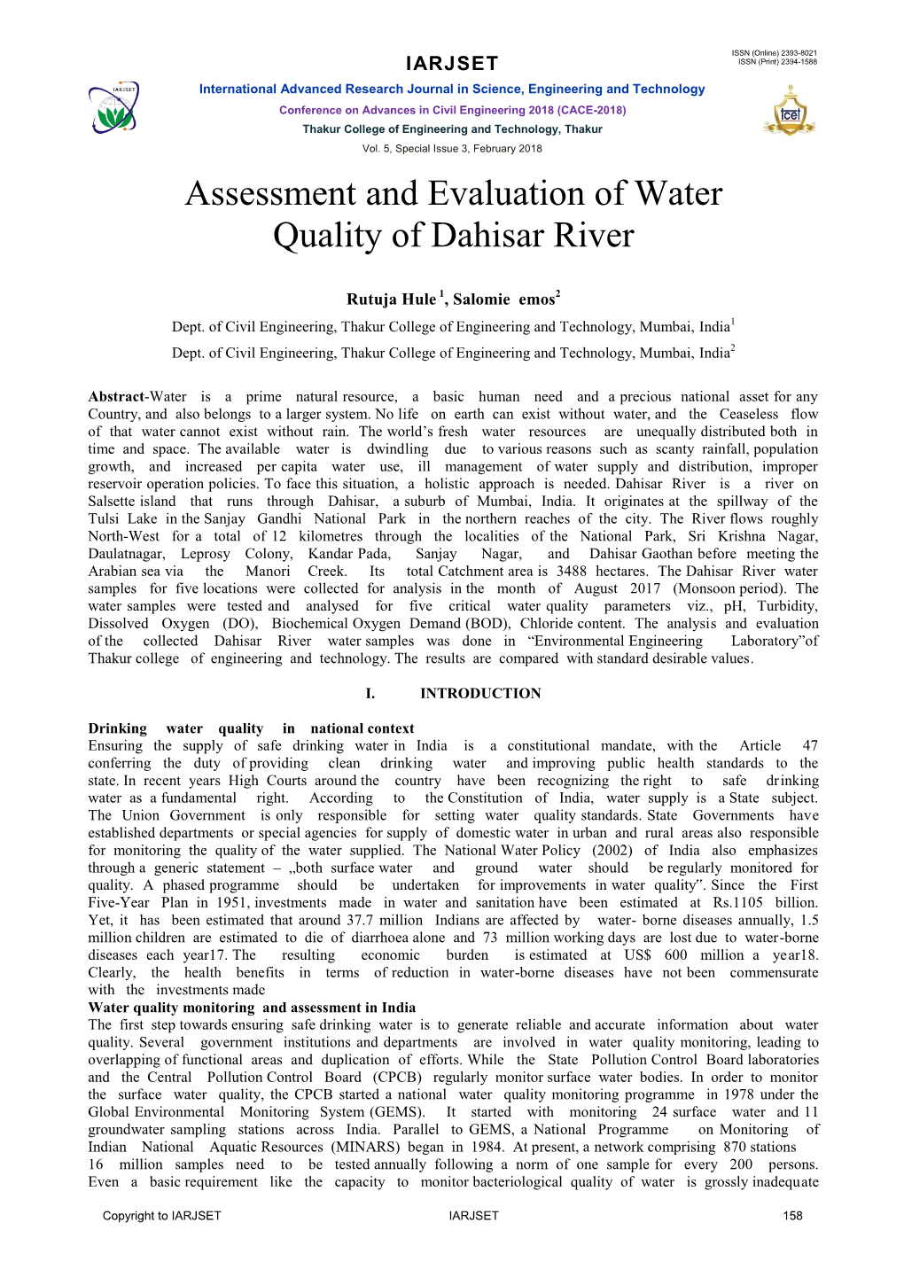 Assessment and Evaluation of Water Quality of Dahisar River