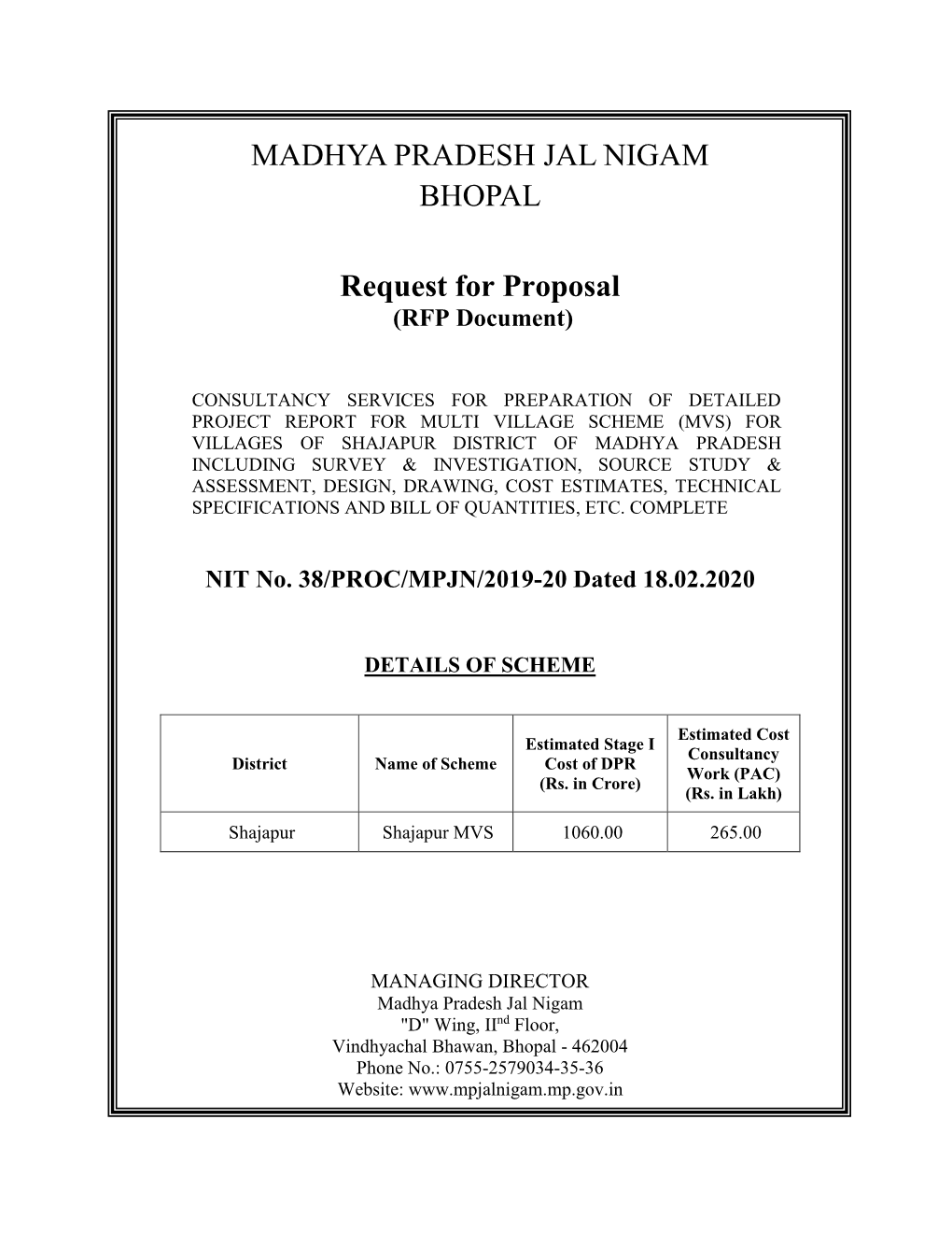 MADHYA PRADESH JAL NIGAM BHOPAL Request for Proposal