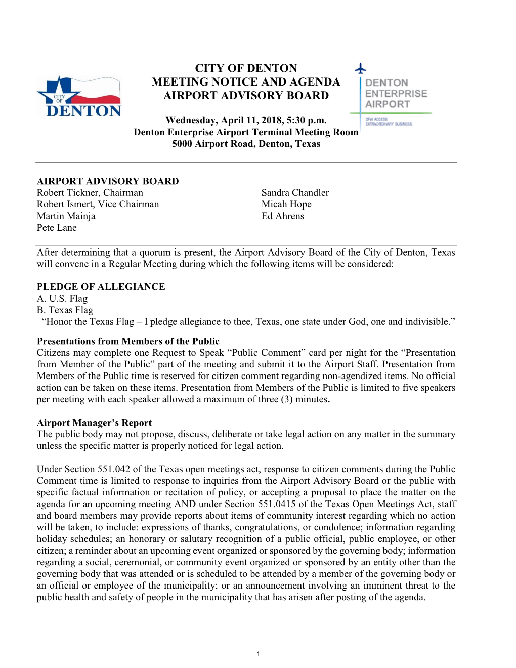 City of Denton Meeting Notice and Agenda Airport Advisory Board