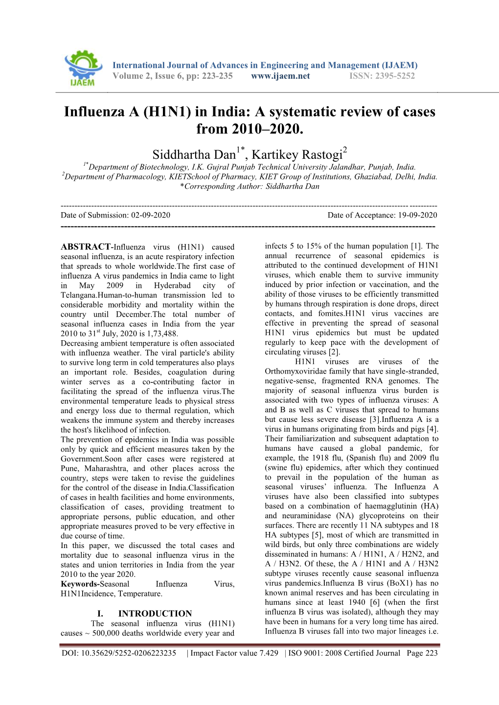 Influenza a (H1N1) in India: a Systematic Review of Cases from 2010–2020
