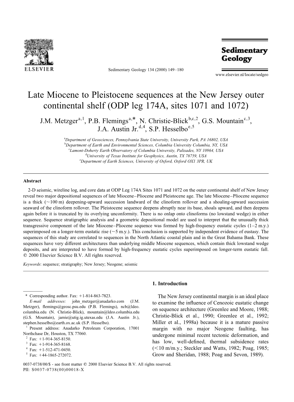 Late Miocene to Pleistocene Sequences at the New Jersey Outer Continental Shelf (ODP Leg 174A, Sites 1071 and 1072)