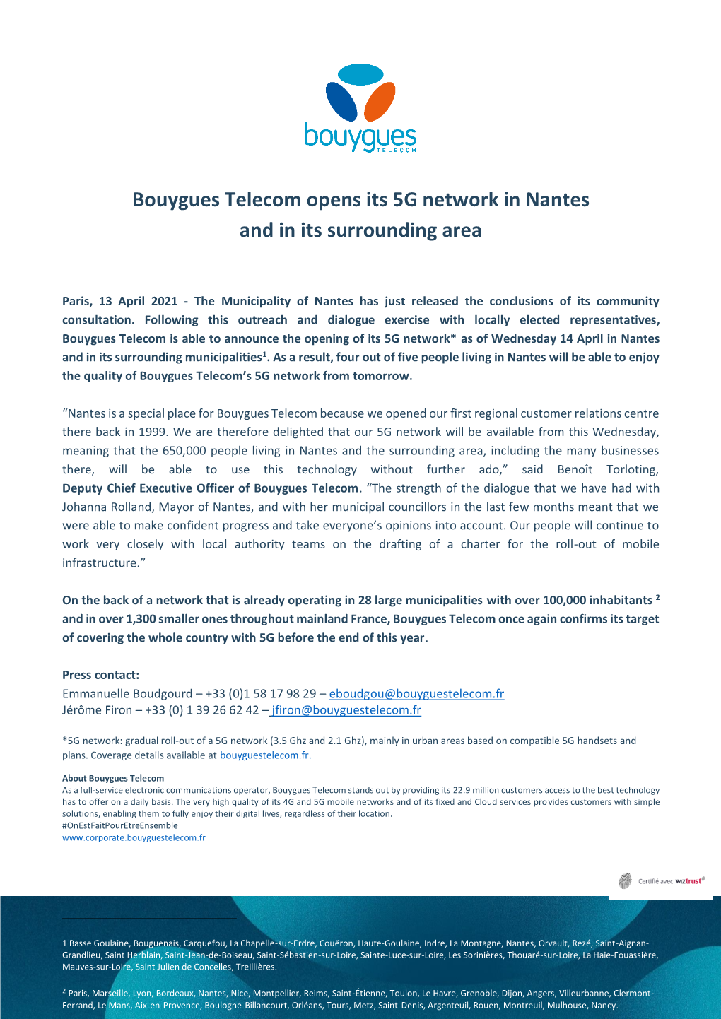 Bouygues Telecom Opens Its 5G Network in Nantes and in Its Surrounding Area