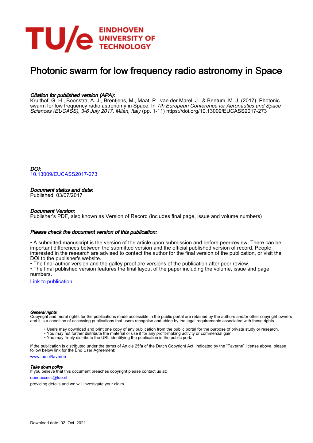 Photonic Swarm for Low Frequency Radio Astronomy in Space