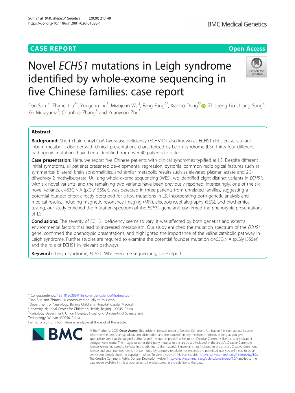 Novel ECHS1 Mutations in Leigh Syndrome Identified by Whole