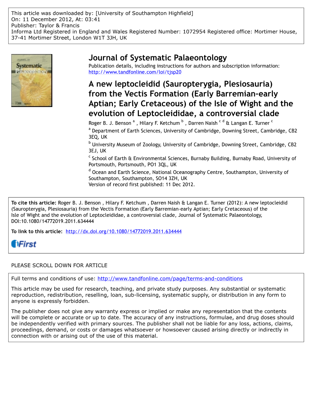 A New Leptocleidid (Sauropterygia, Plesiosauria) from the Vectis Formation