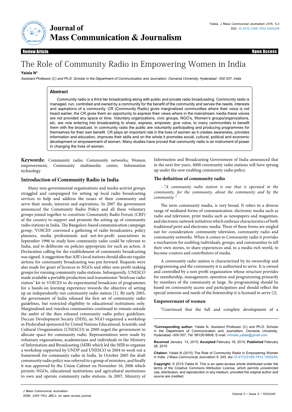 Community Radio in Empowering Women in India Yalala N* Assistant Professor (C) and Ph.D