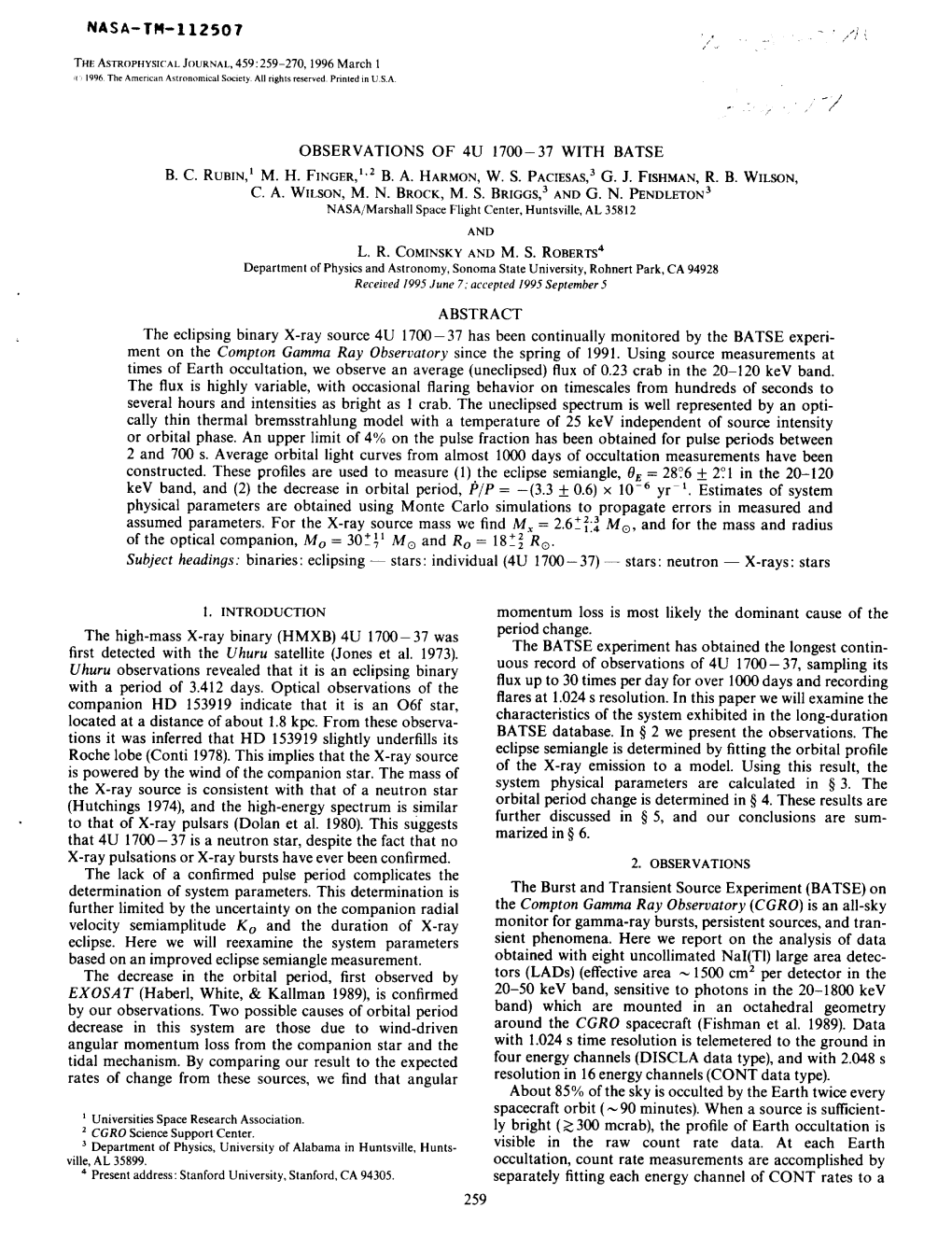 NASA-TM-112507 OBSERVATIONS of 4U 1700-37 with BATSE ABSTRACT the Eclipsing Binary X-Ray Source 4U 1700-37 Has Been Continually