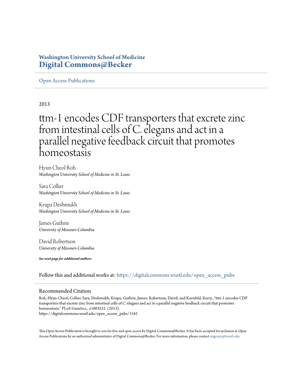 Ttm-1 Encodes CDF Transporters That Excrete Zinc from Intestinal Cells of C. Elegans and Act in a Parallel Negative Feedback Circuit That Promotes Homeostasis