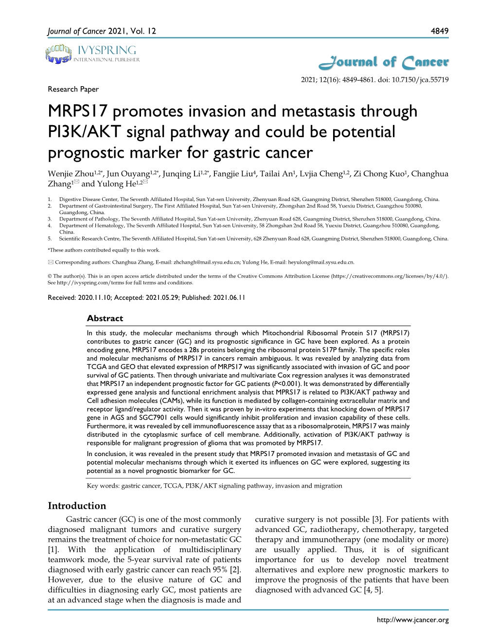 MRPS17 Promotes Invasion and Metastasis Through PI3K/AKT Signal