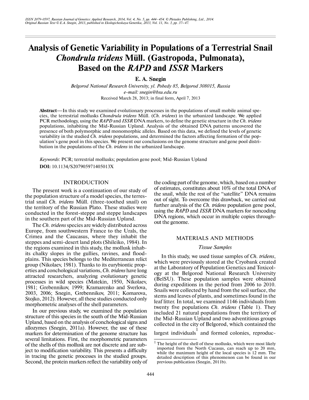 Analysis of Genetic Variability in Populations of a Terrestrial Snail Chondrula Tridens Müll