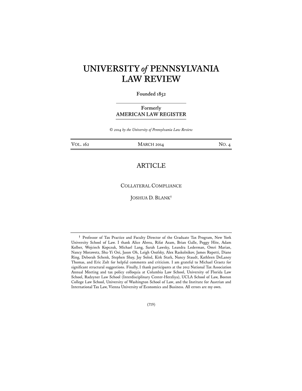 UNIVERSITY of PENNSYLVANIA LAW REVIEW