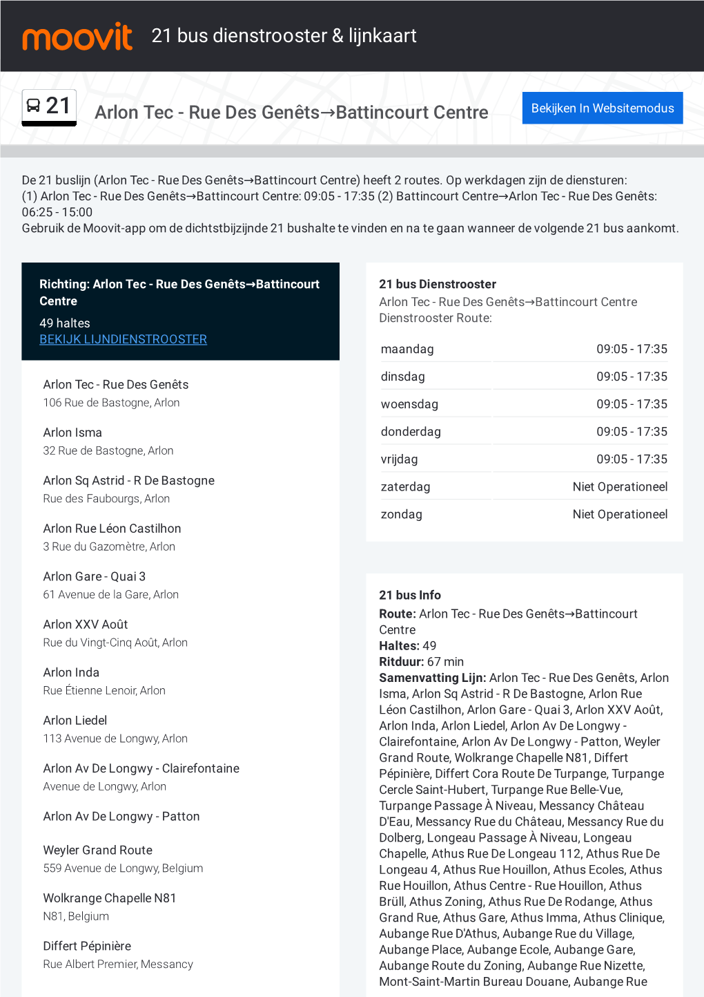 21 Bus Dienstrooster & Lijnroutekaart