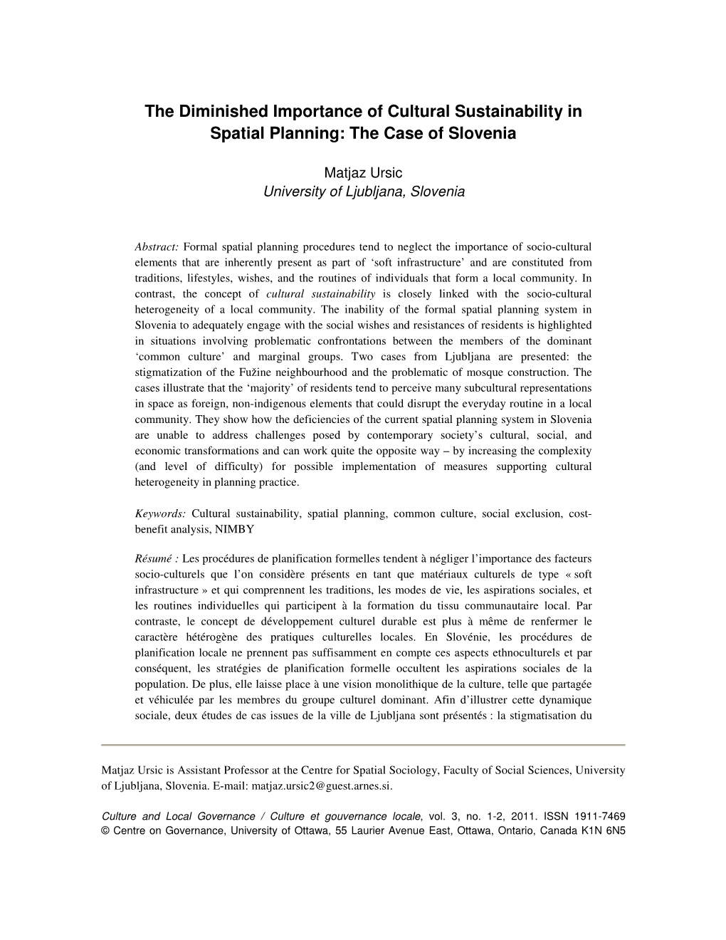 The Diminished Importance of Cultural Sustainability in Spatial Planning: the Case of Slovenia
