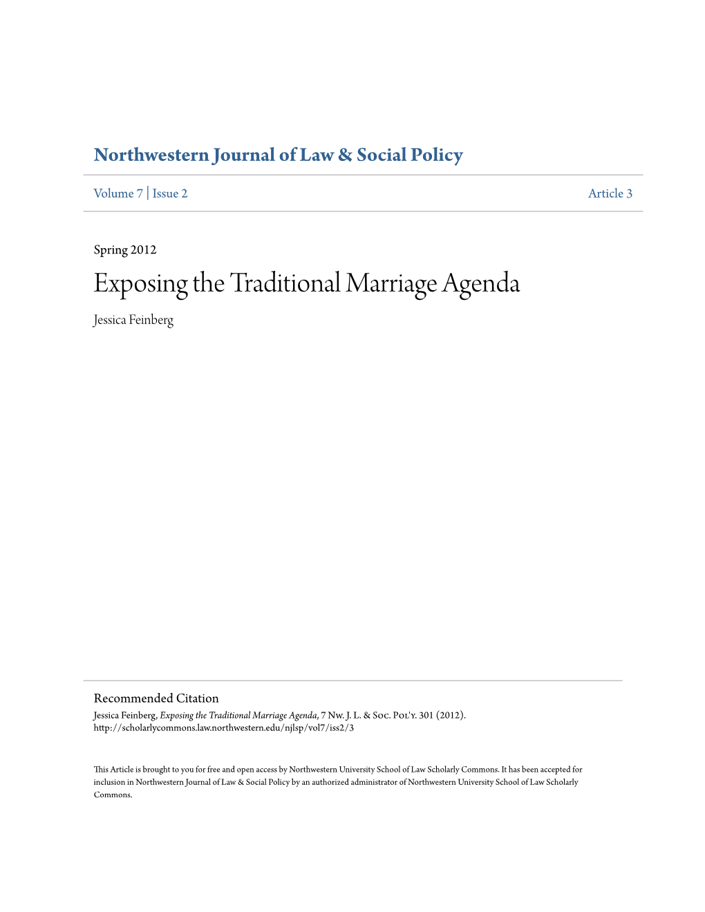 Exposing the Traditional Marriage Agenda Jessica Feinberg