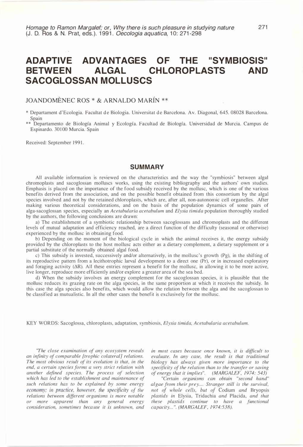 Between Algal Chloroplasts Ano Sacoglossan Molluscs