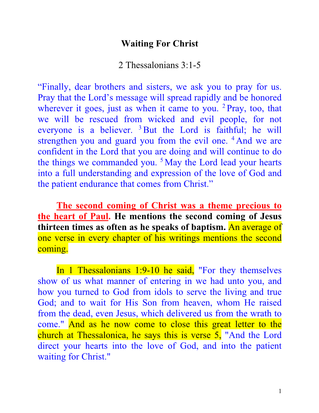 Waiting for Christ 2 Thessalonians 3:1-5