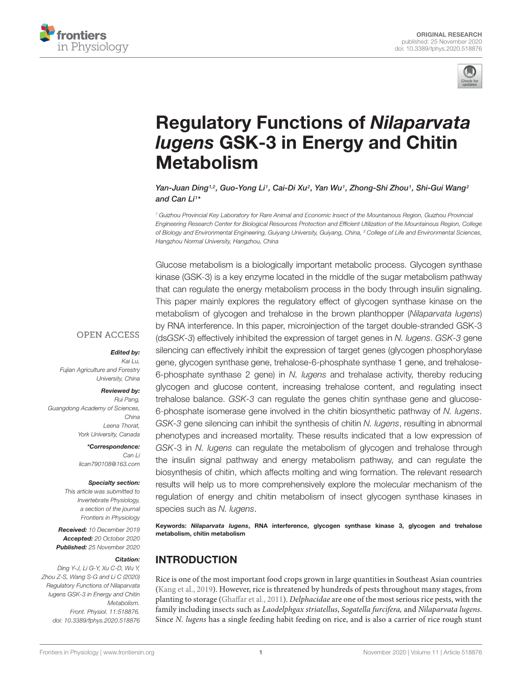 Regulatory Functions of Nilaparvata Lugens GSK-3 in Energy and Chitin Metabolism