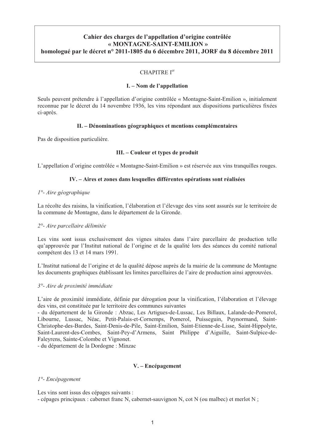 MONTAGNE-SAINT-EMILION » Homologué Par Le Décret N° 2011-1805 Du 6 Décembre 2011, JORF Du 8 Décembre 2011