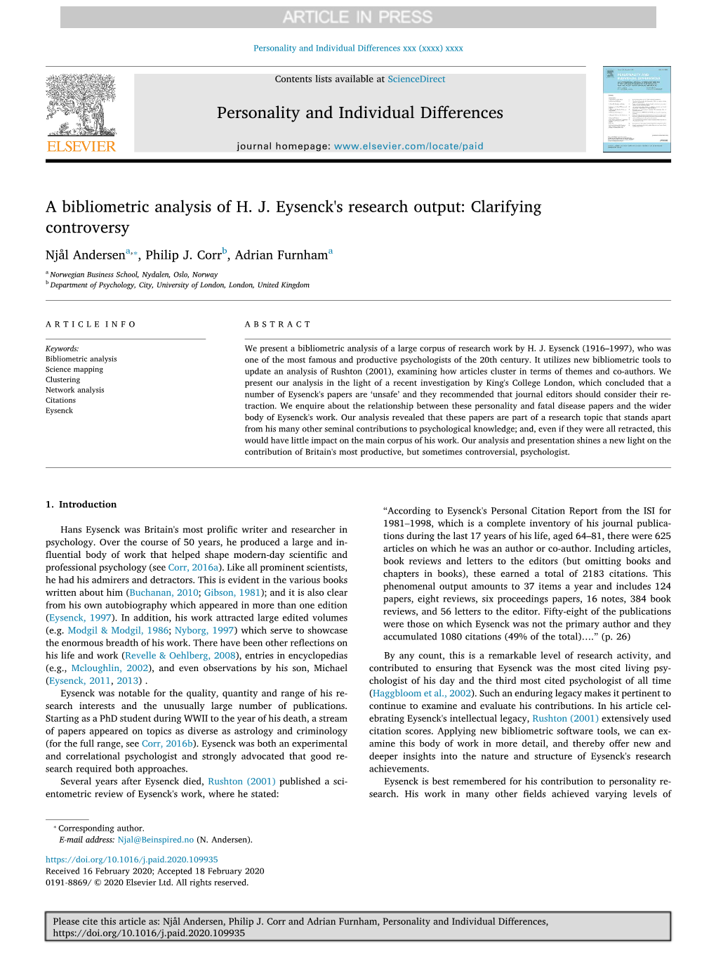 A Bibliometric Analysis of H. J. Eysenck's Research Output Clarifying Controversy