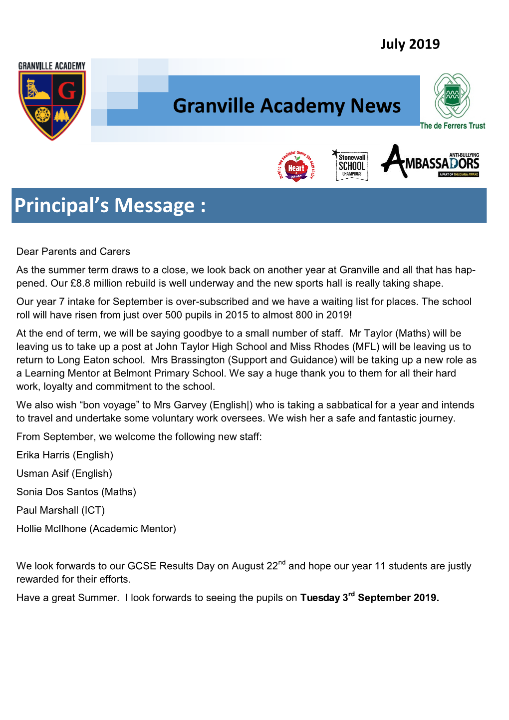Granville Academy News Principal's Message