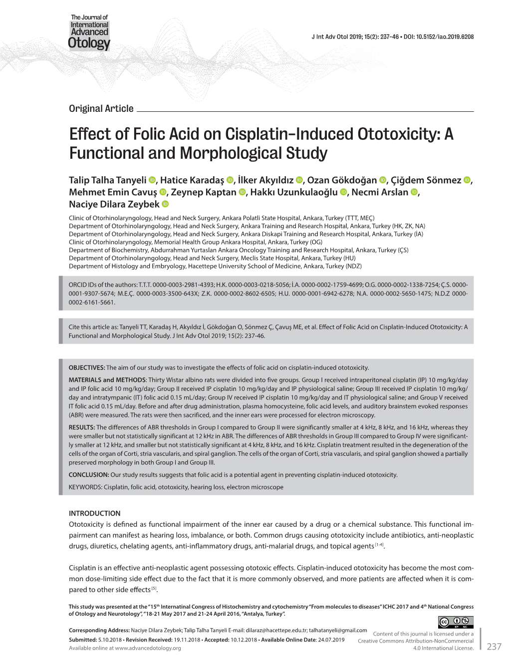 Effect of Folic Acid on Cisplatin-Induced Ototoxicity: a Functional and Morphological Study