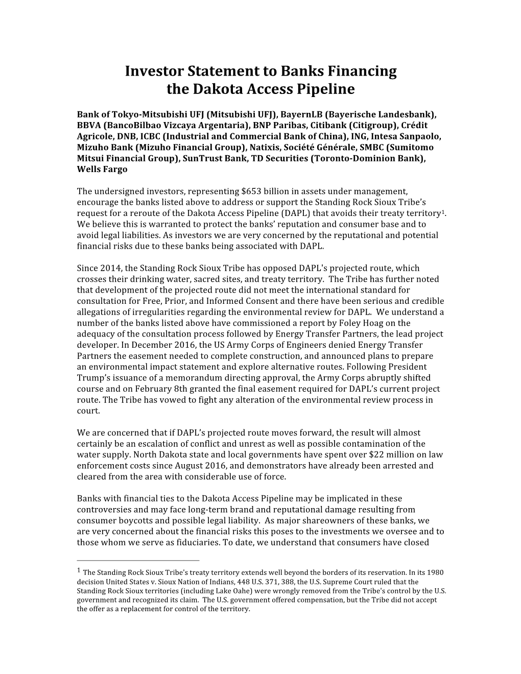 Investor Statement to Banks Financing the Dakota Access Pipeline