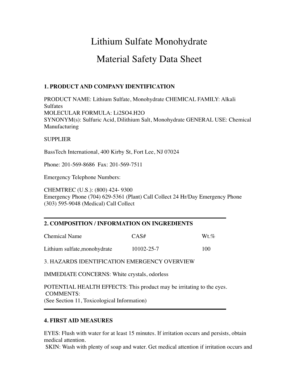 Lithium Sulfate Monohydrate Material Safety Data Sheet