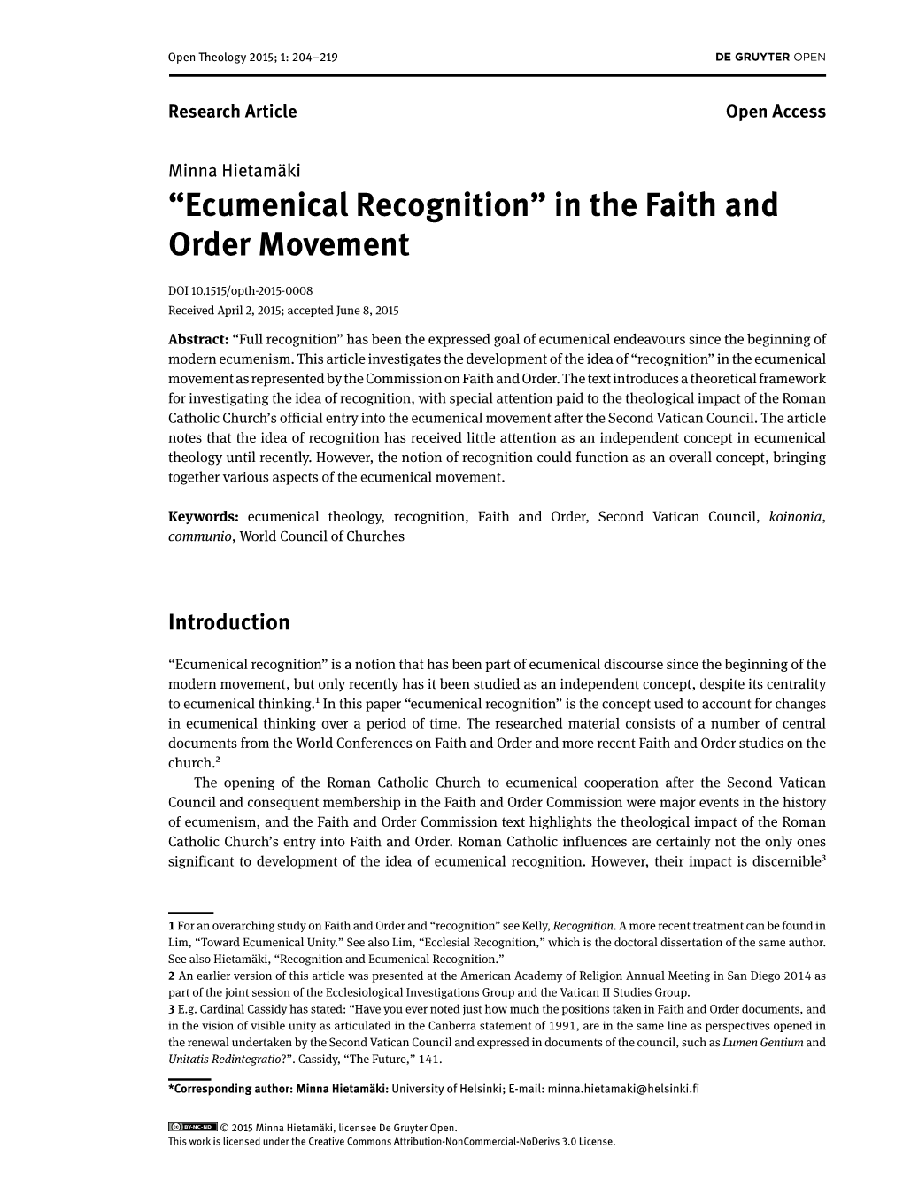 “Ecumenical Recognition” in the Faith and Order Movement