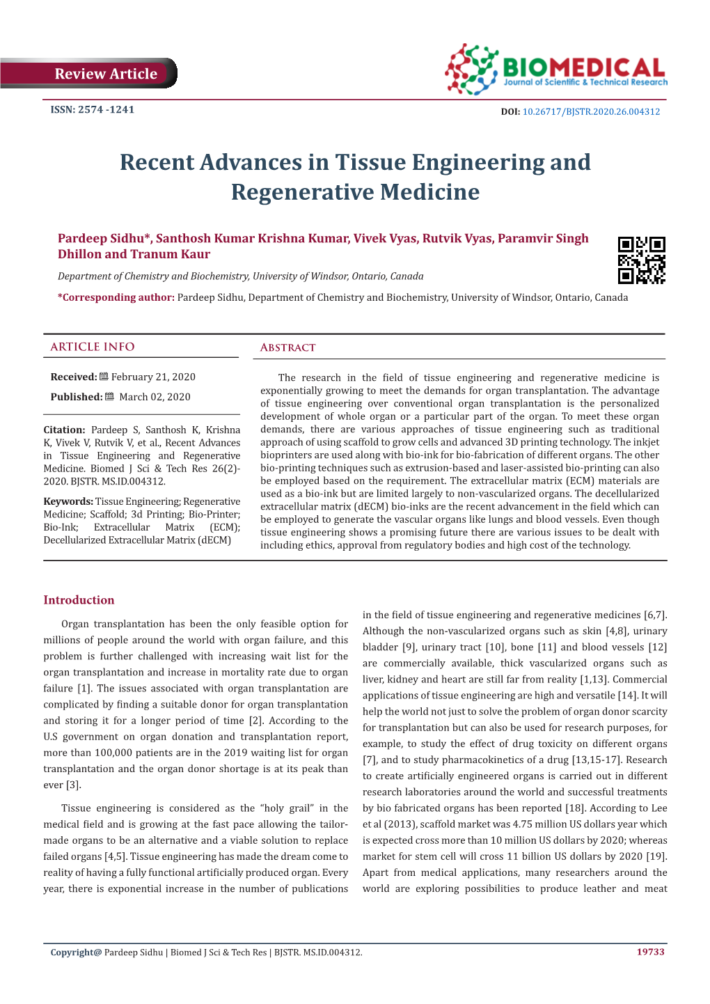Recent Advances in Tissue Engineering and Regenerative Medicine