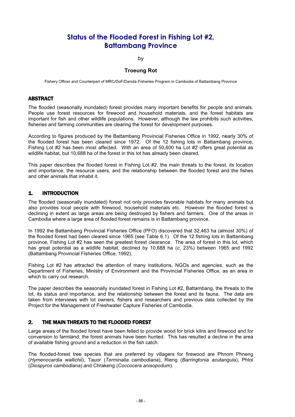 Status of the Flooded Forest in Fishing Lot #2, Battambang Province