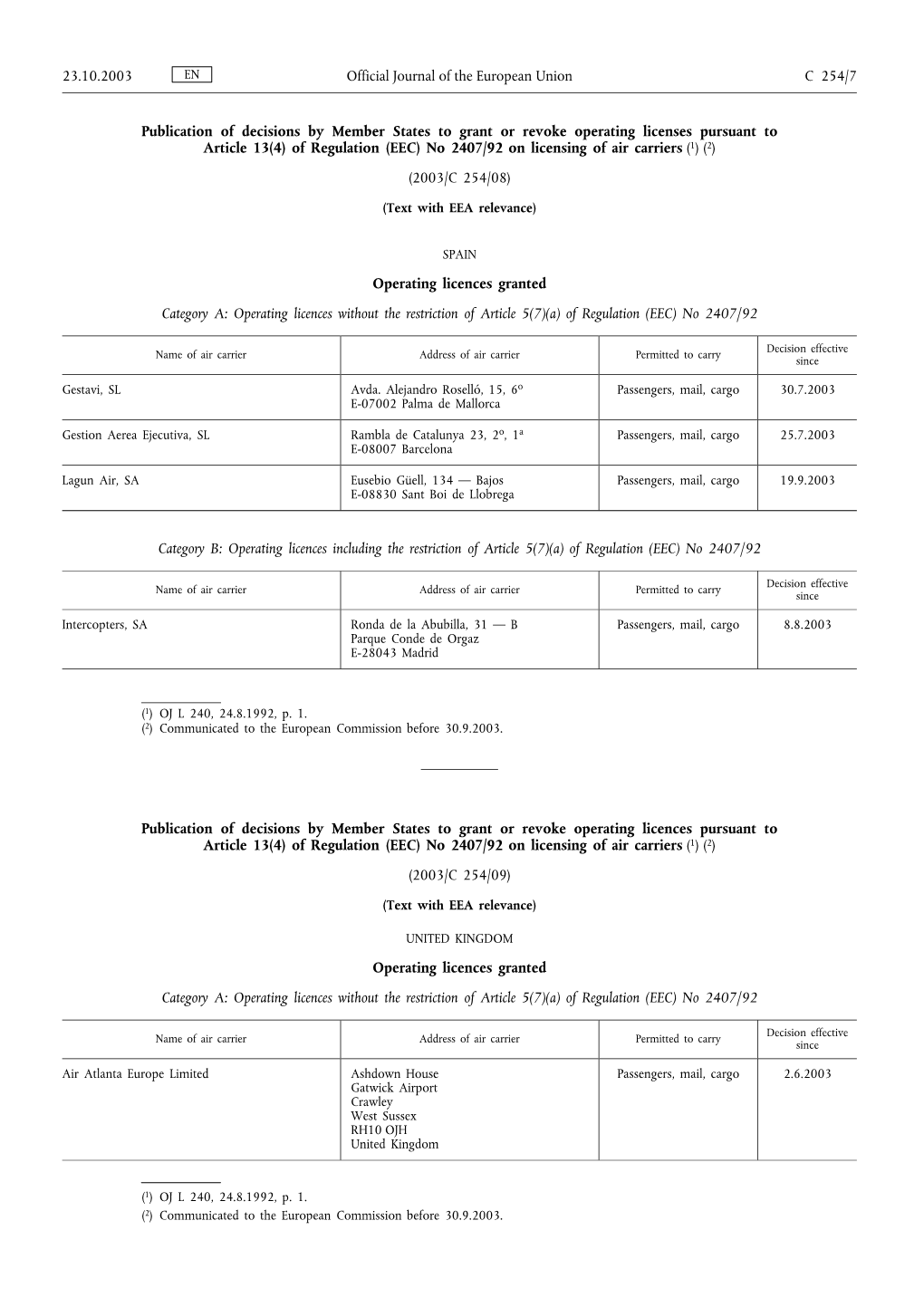 Of Regulation (EEC) No 2407/92 on Licensing of Air Carriers (1)(2)