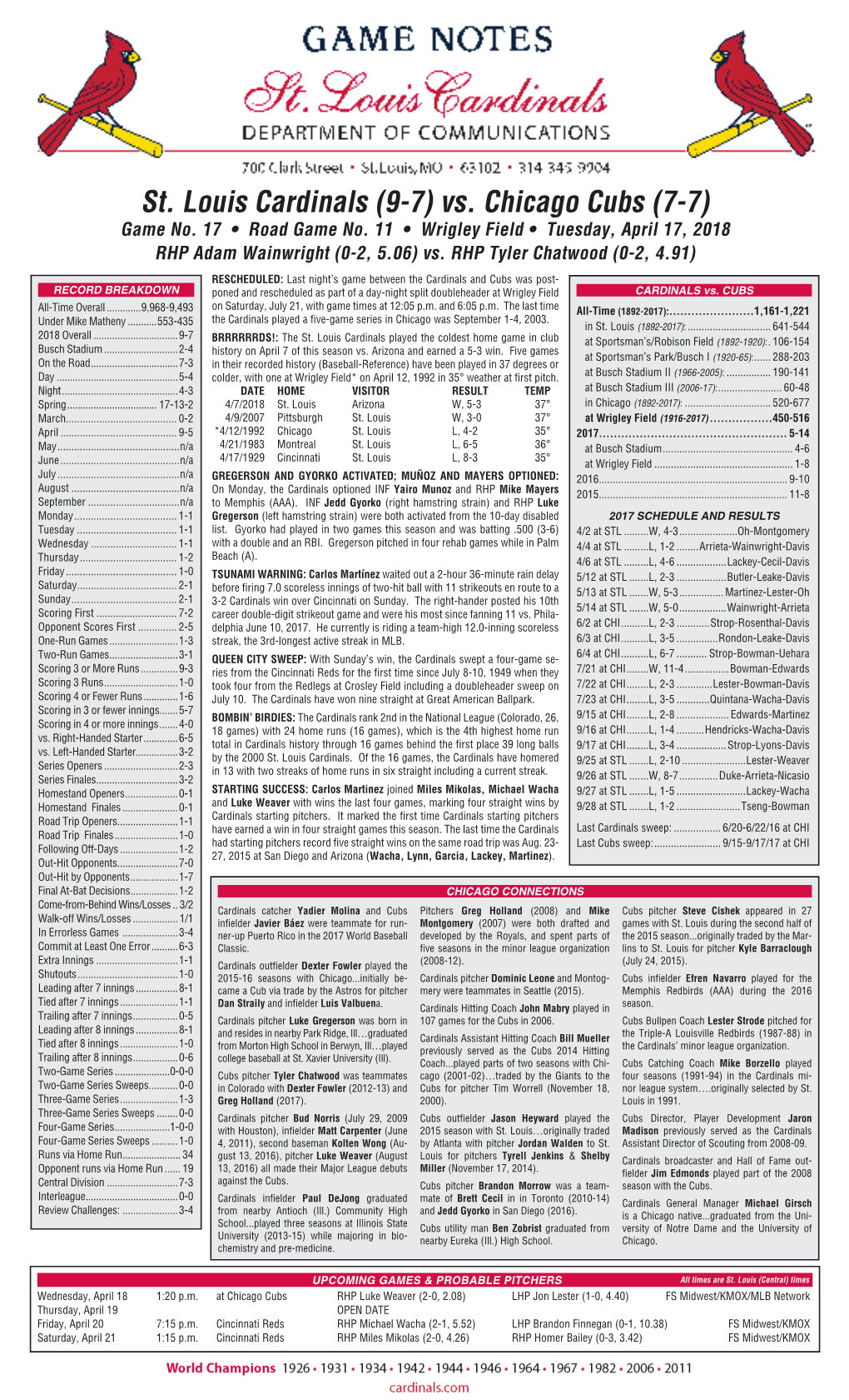 St. Louis Cardinals (9-7) Vs. Chicago Cubs (7-7) Game No