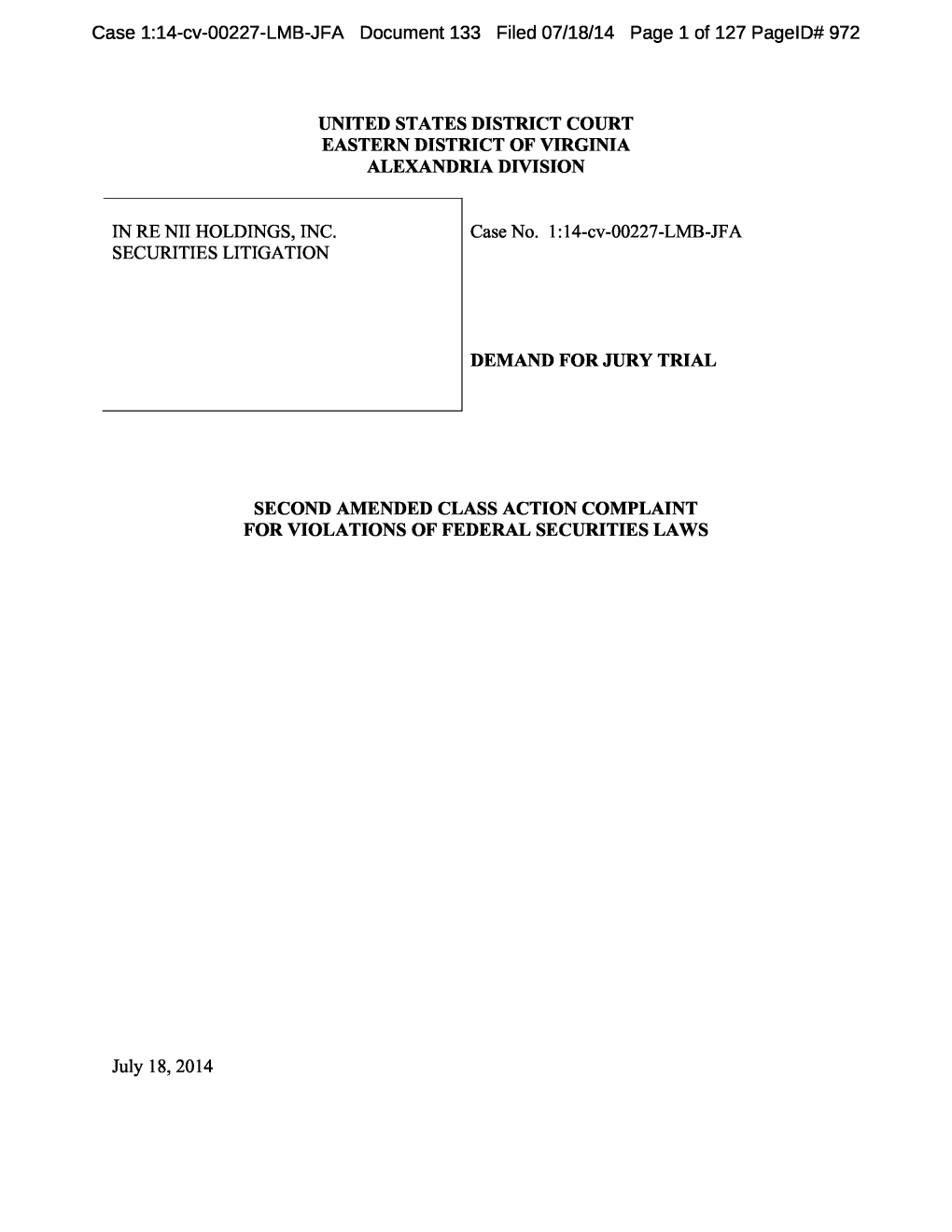 In Re NII Holdings, Inc. Securities Litigation 14-CV-00227-Second Amended Class Action Complaint for Violations of Federal Secur