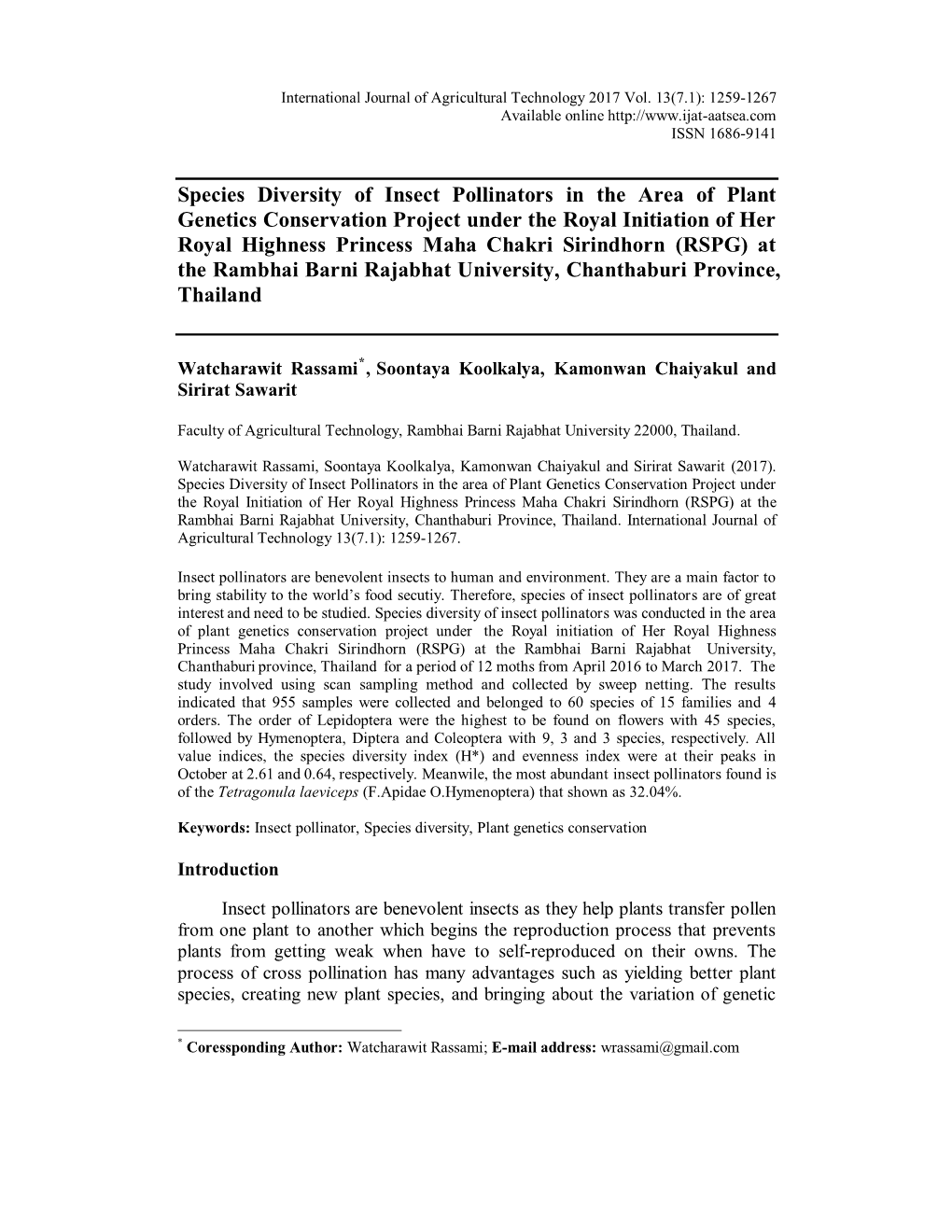 Species Diversity of Insect Pollinators in the Area Of