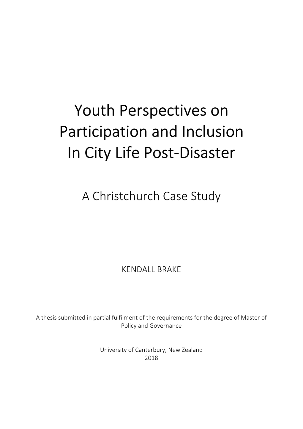 Youth Perspectives on Participation and Inclusion in City Life Post-Disaster
