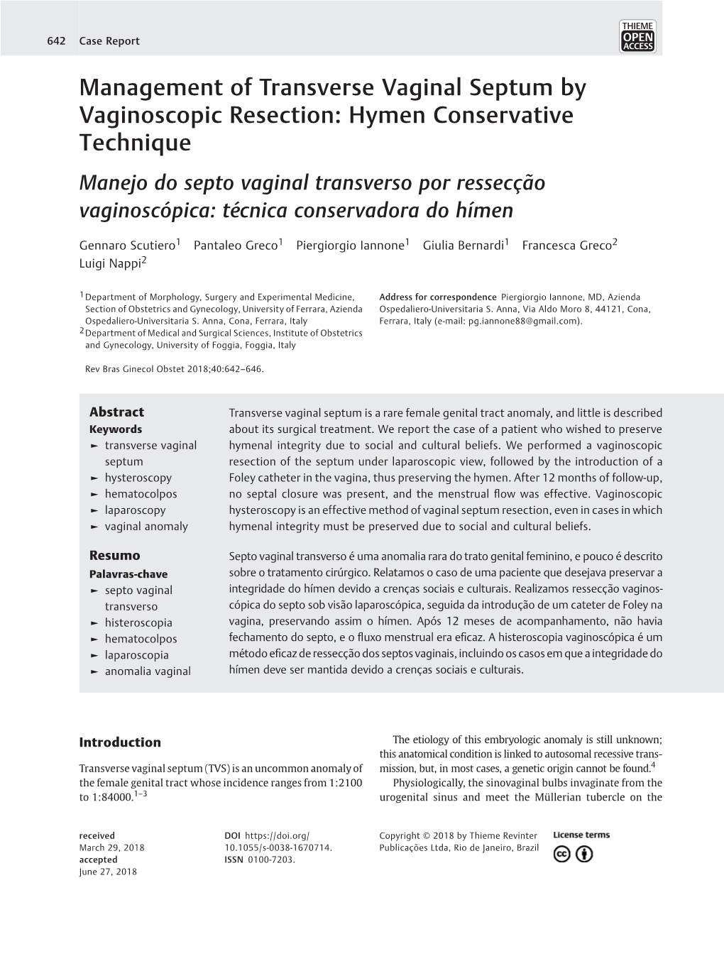 Management of Transverse Vaginal Septum by Vaginoscopic Resection: Hymen Conservative Technique