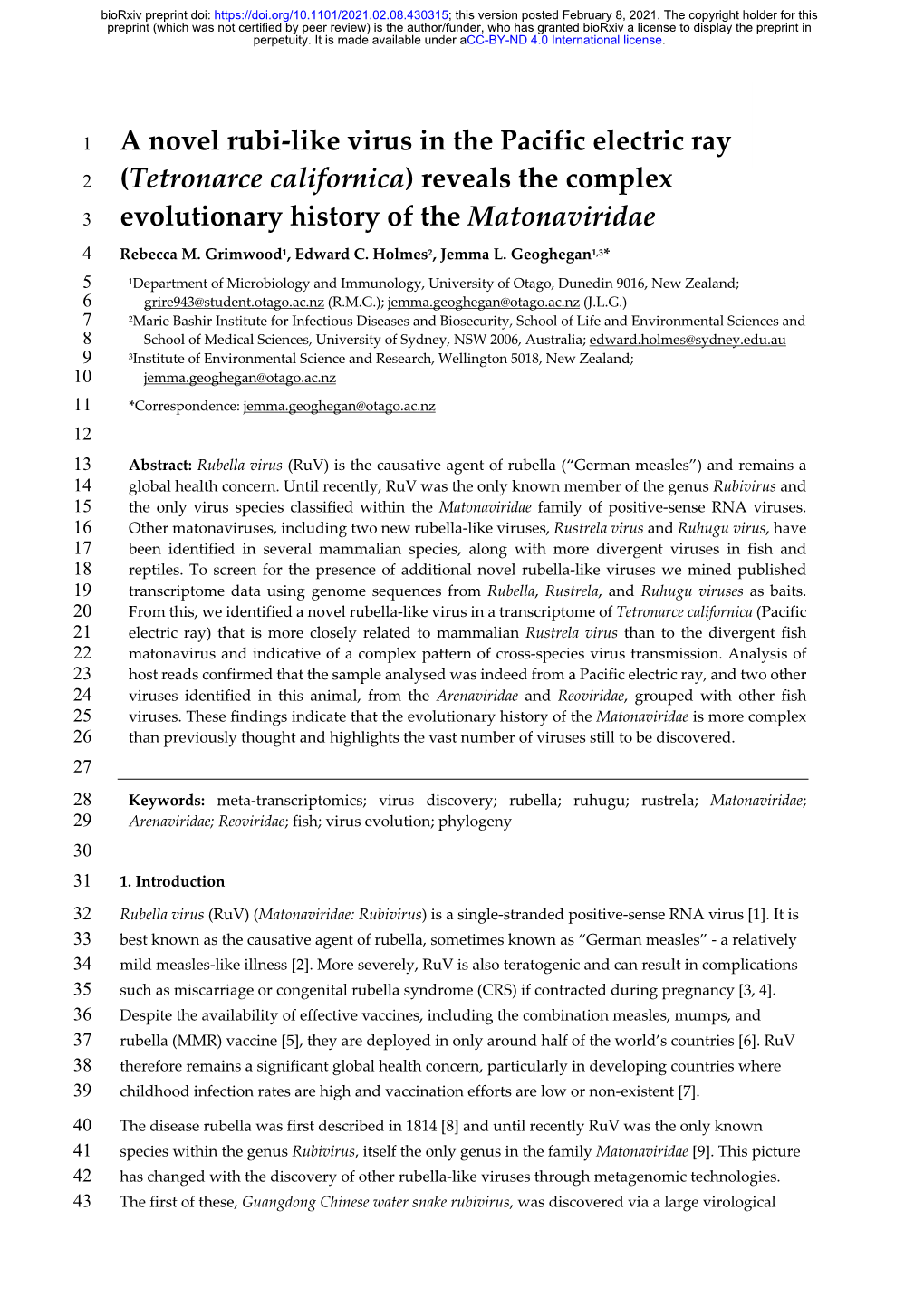 A Novel Rubi-Like Virus in the Pacific Electric Ray (Tetronarce Californica) Reveals the Complex Evolutionary History of The