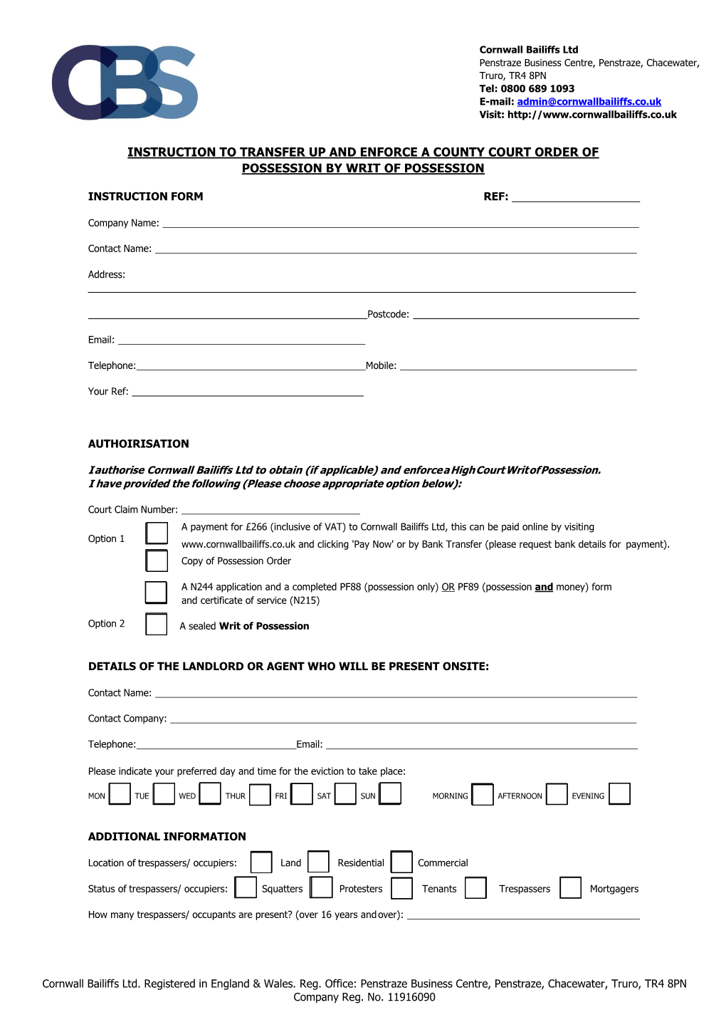 Instruction to Transfer up and Enforce a County Court Order of Possession by Writ of Possession