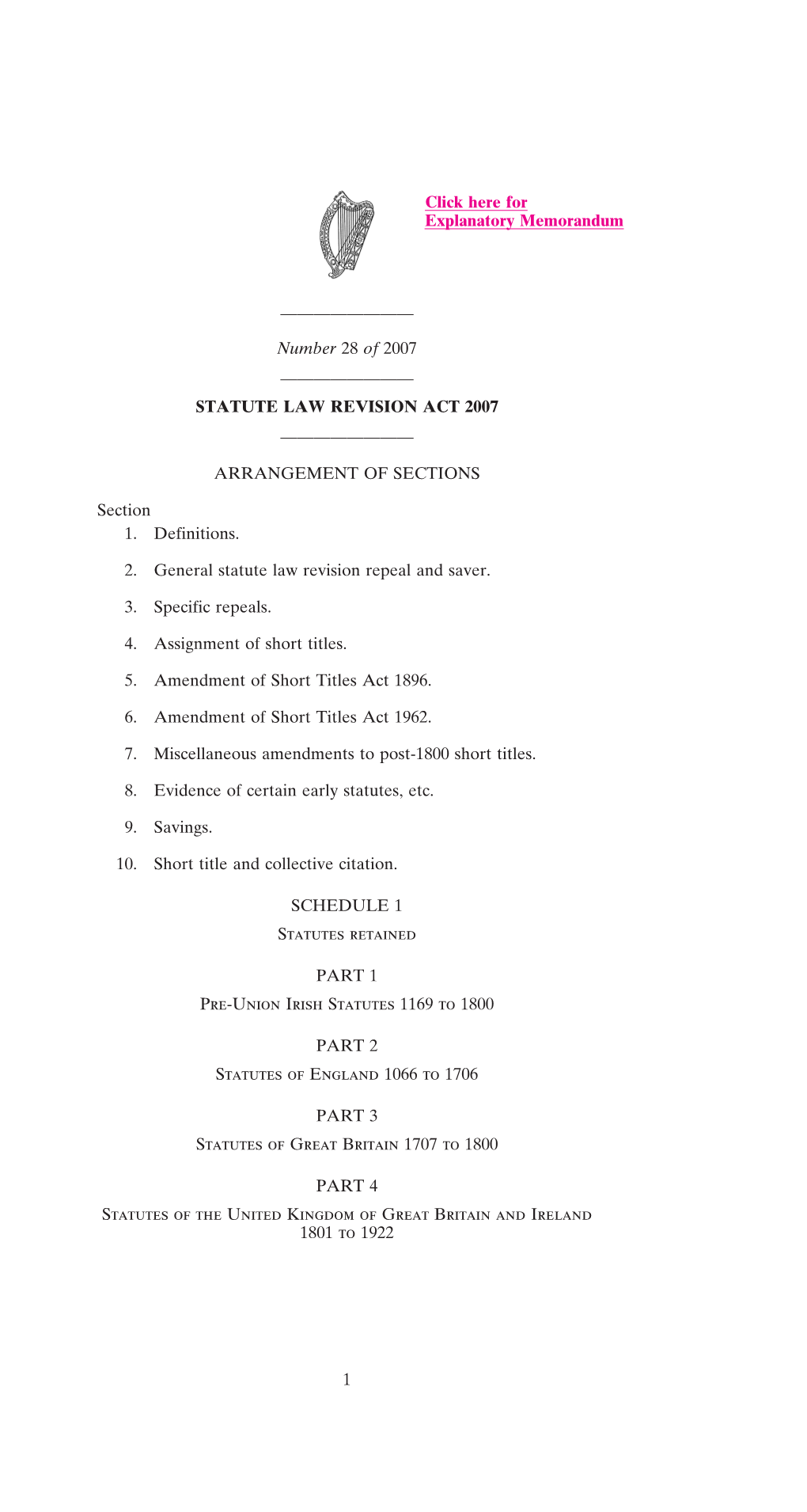 ———————— Number 28 of 2007 ———————— STATUTE LAW REVISION ACT 2007 ———————— ARRAN