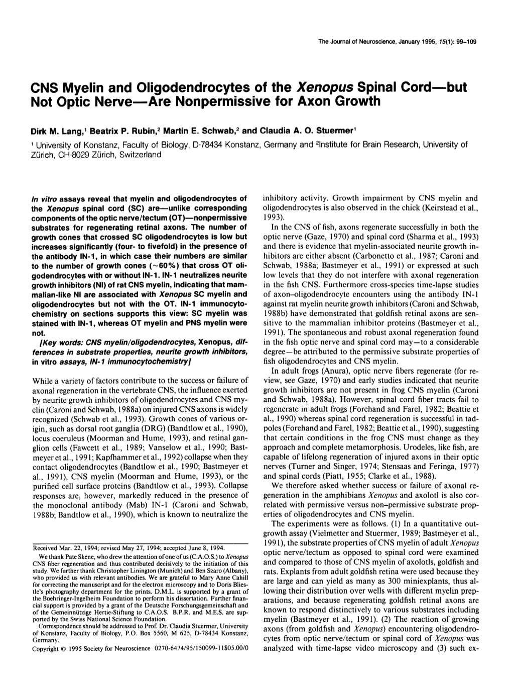 CNS Myelin and Oligodendrocytes of the Xenopus Spinal Cord-But Not Optic Nerve- Are Nonpermissive for Axon Growth