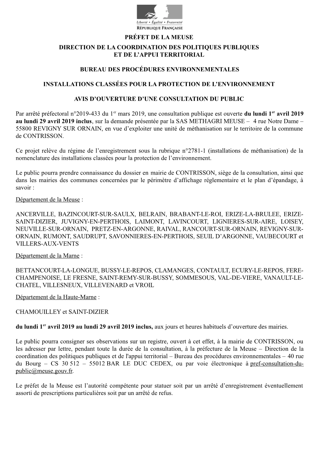 Préfet De La Meuse Direction De La Coordination Des Politiques Publiques Et De L'appui Territorial Bureau Des Procédures