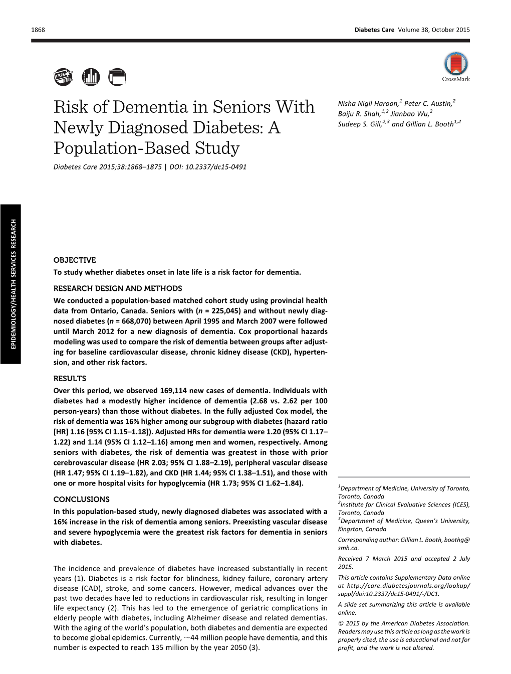 Risk of Dementia in Seniors with Newly Diagnosed