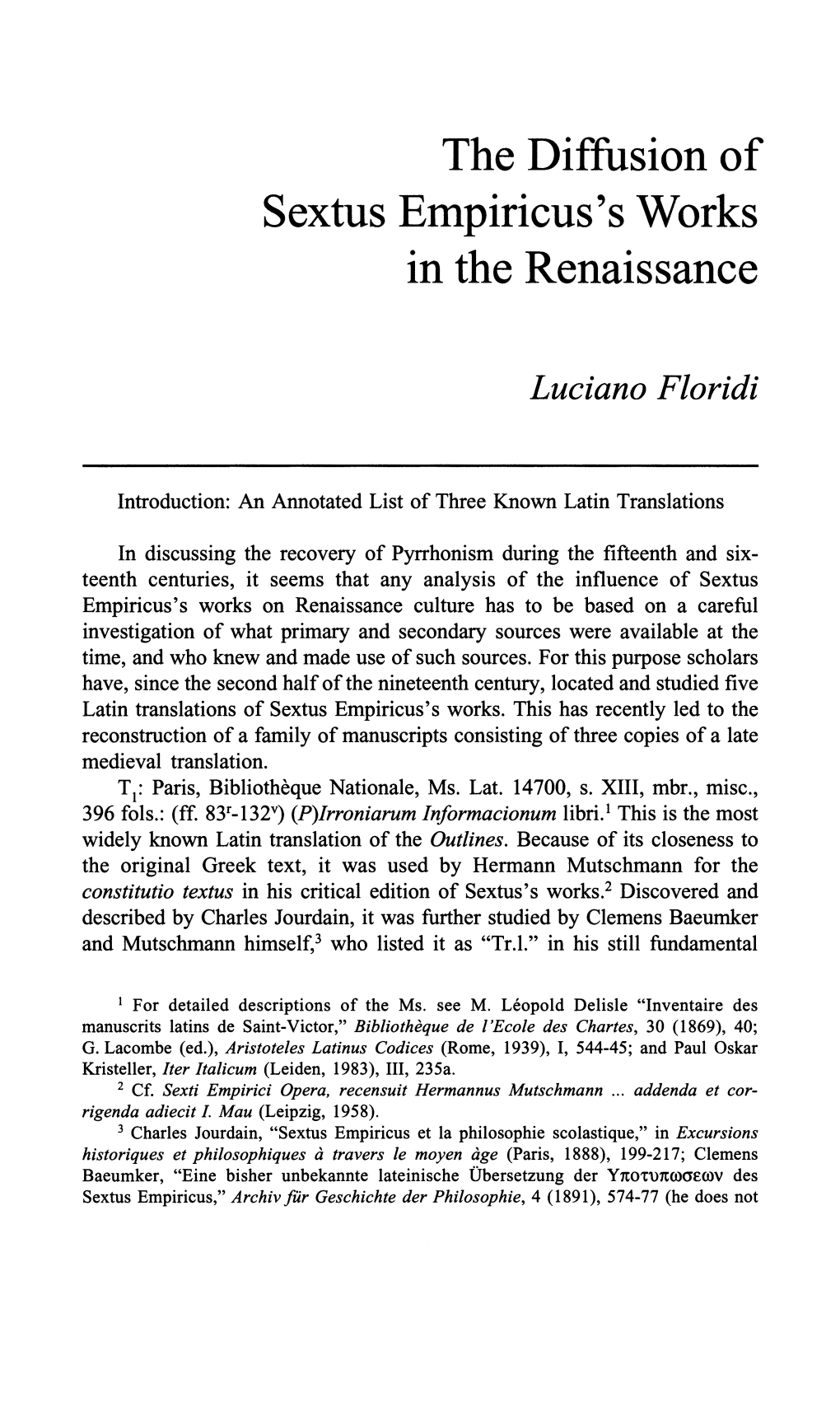 The Diffusion of Sextus Empiricus's Works in the Renaissance