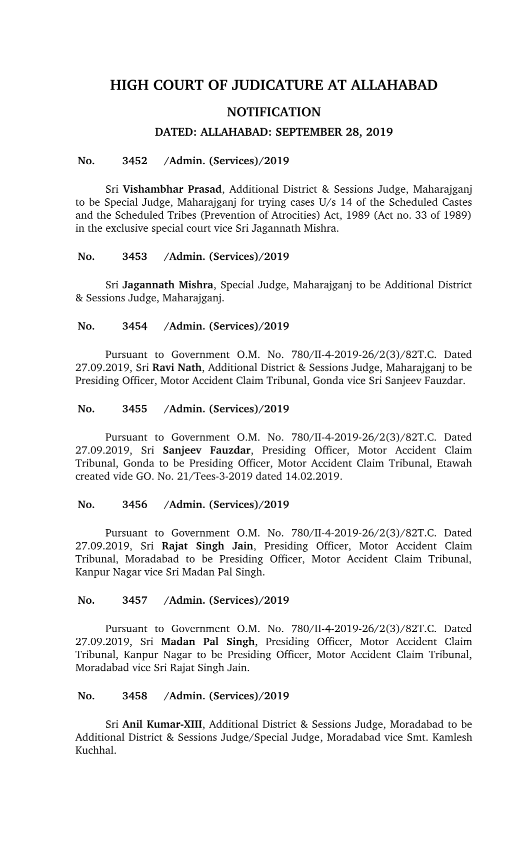 High Court of Judicature at Allahabad Notification Dated: Allahabad: September 28, 2019