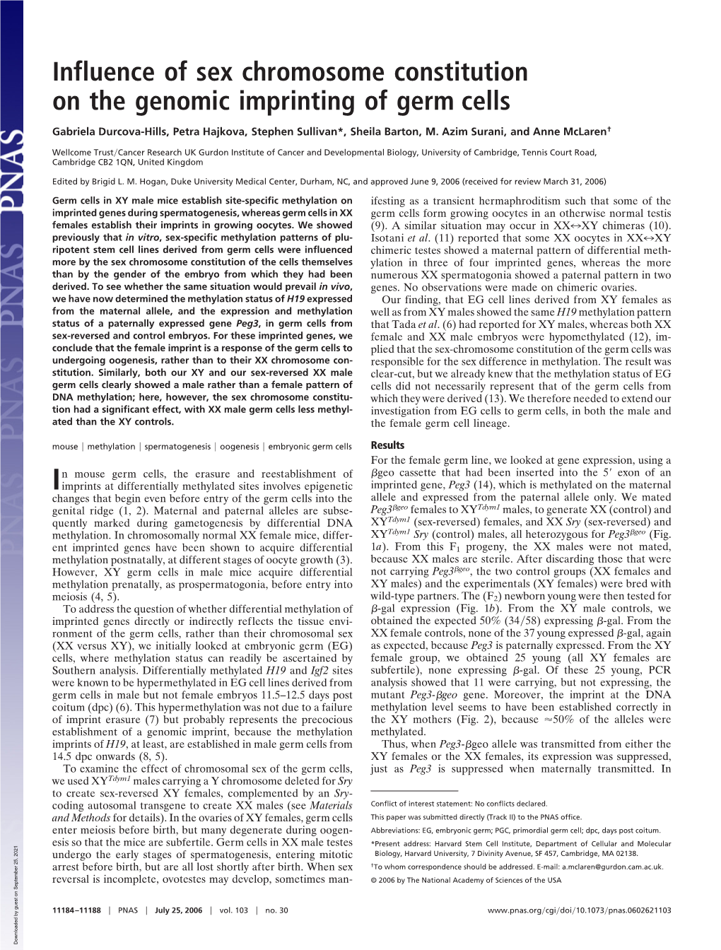 Influence of Sex Chromosome Constitution on the Genomic Imprinting of Germ Cells