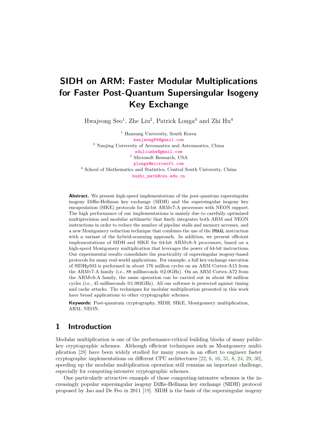 SIDH on ARM: Faster Modular Multiplications for Faster Post-Quantum Supersingular Isogeny Key Exchange