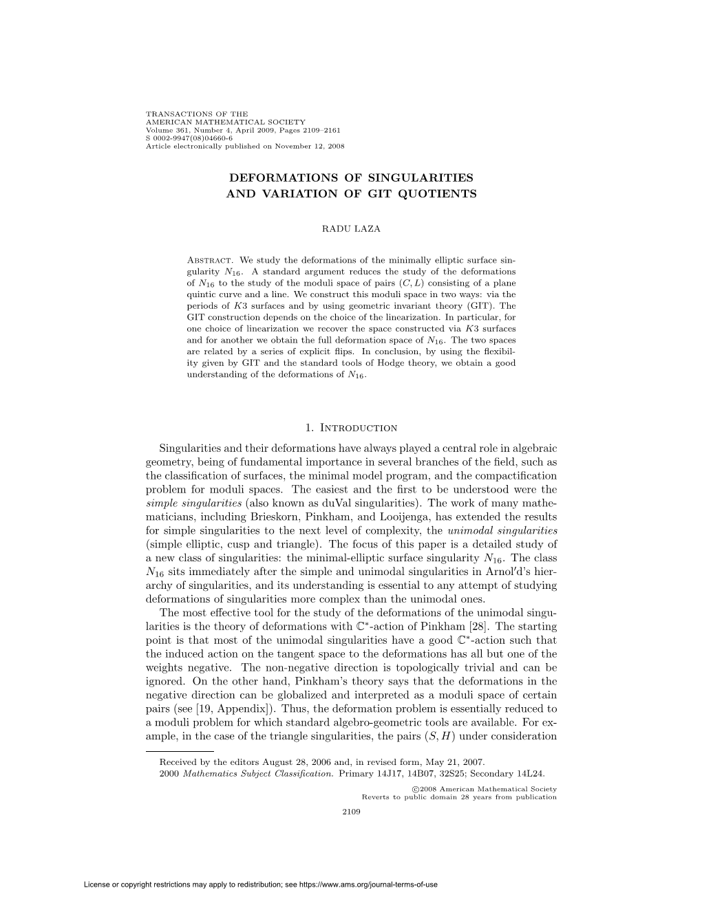 Deformations of Singularities and Variation of Git Quotients